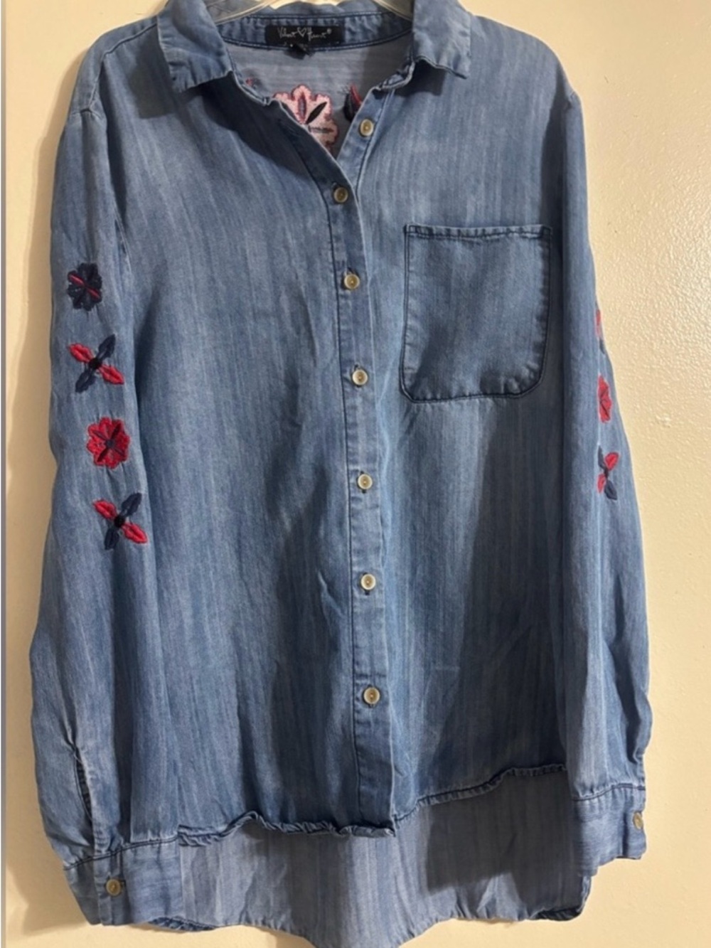 Velvet Heart Denim with Red and Black Floral Embroidery High Low Effect